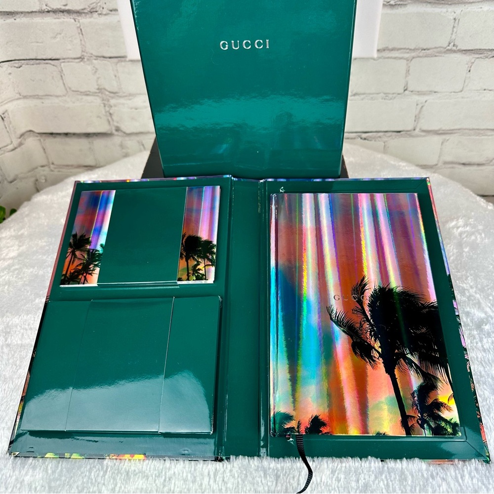 Gucci Chrome hologram Notebook, stickers, Notecards, Envelope set floral bag NEW